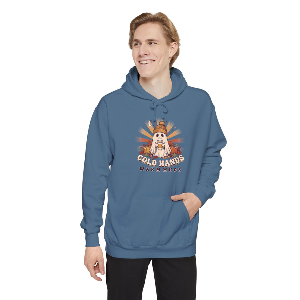 Cozy Ghost Hoodie | Cold Hands Warm Mugs Fall Coffee Art | Comfort Colors Garment Dyed