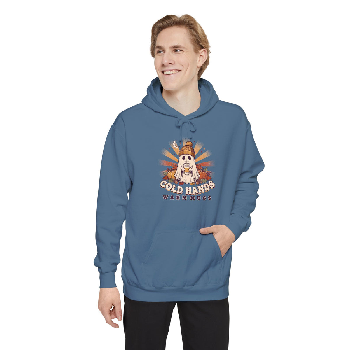 Cozy Ghost Hoodie | Cold Hands Warm Mugs Fall Coffee Art | Comfort Colors Garment Dyed