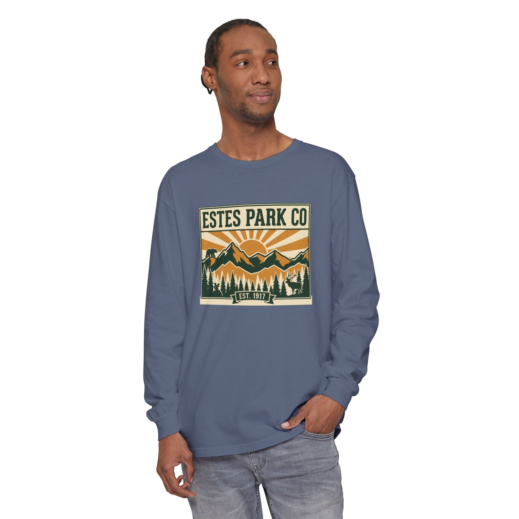 Estes Park CO Hidden Wildlife Long Sleeve Tee | Forest Green EST. 1917 | Comfort Colors