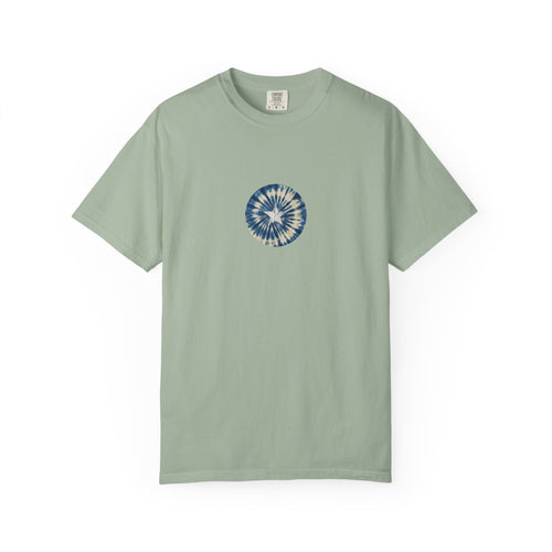 Bear Cliff Freedom Club tee on a sage green Comfort Colors garment-dyed shirt, vintage tie-dye circle with a distressed star, patriotic Americana graphic