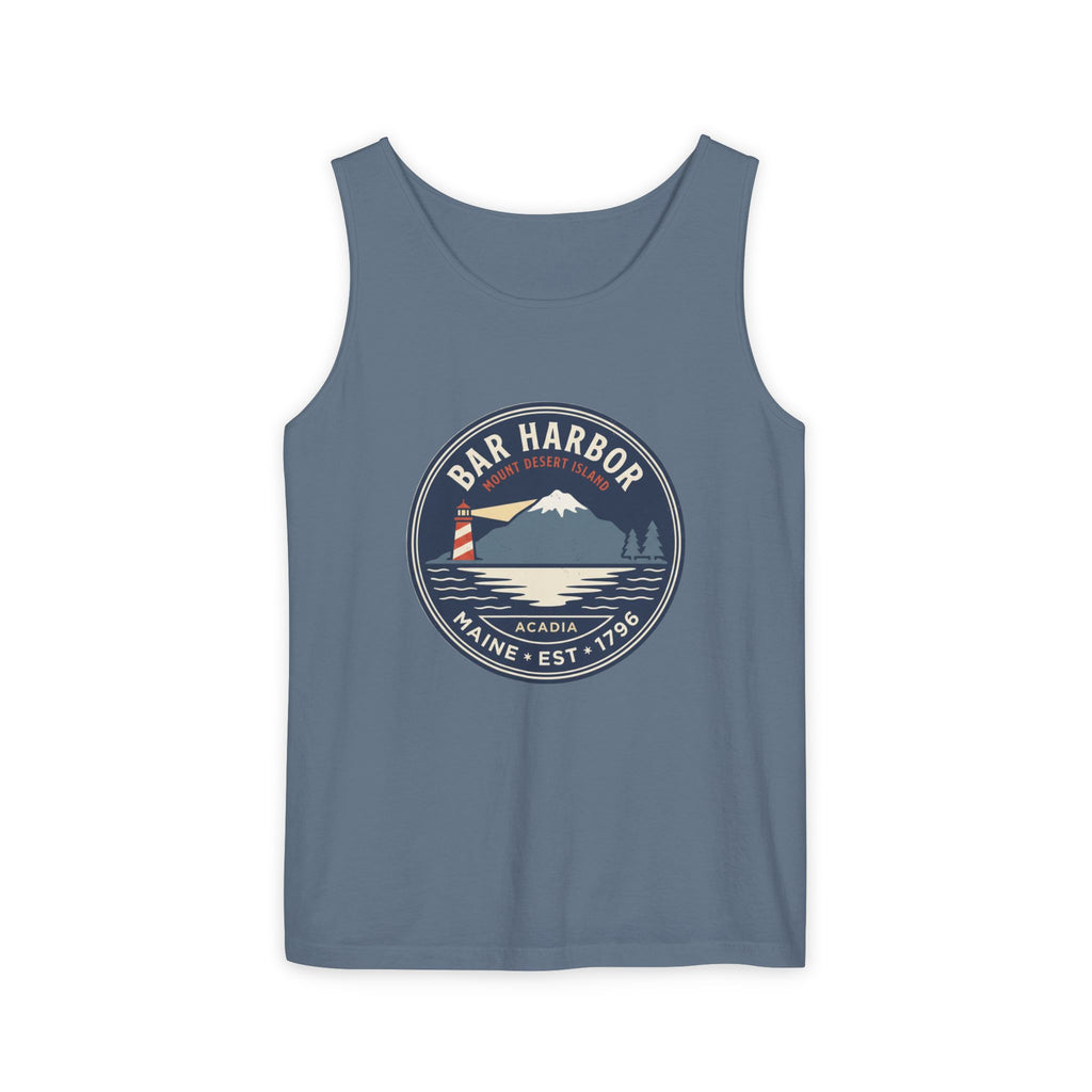 Bar Harbor Maine tank top in Blue Jean, Acadia vintage badge with lighthouse, Cadillac Mountain and evergreens in a navy roundel, EST. 1796