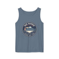 Bar Harbor Maine tank top in Blue Jean, Acadia vintage badge with lighthouse, Cadillac Mountain and evergreens in a navy roundel, EST. 1796
