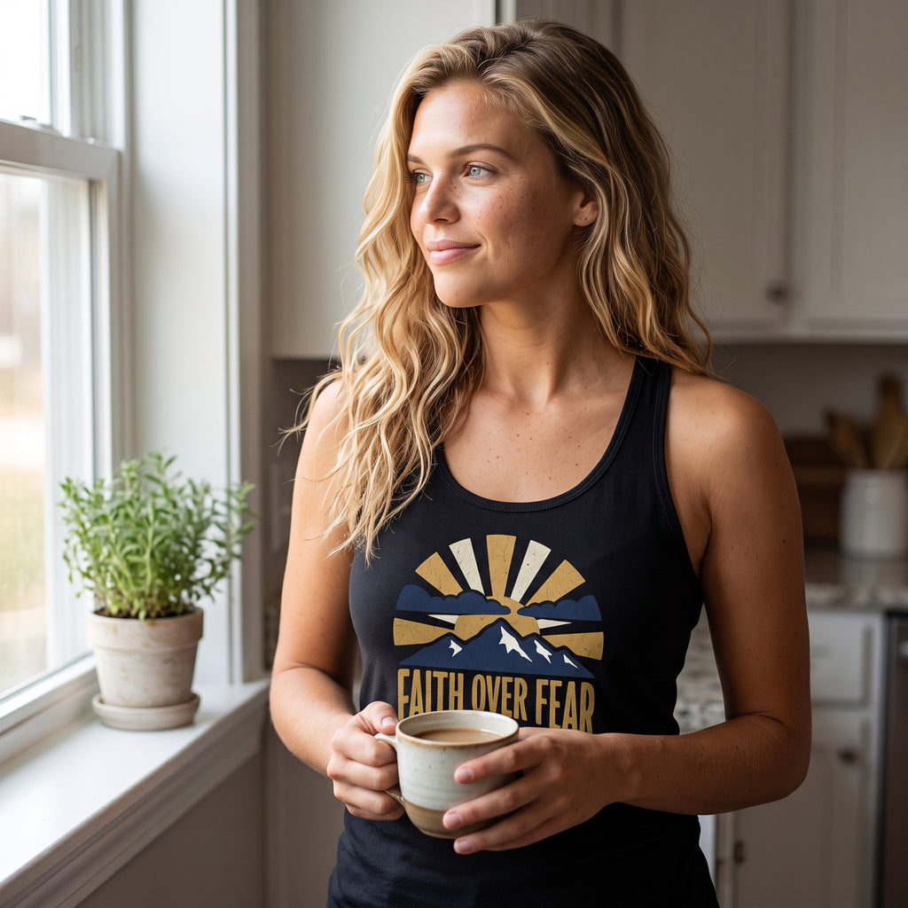 Faith Over Fear racerback tank in solid black, worn by an approved model, wide lifestyle photograph