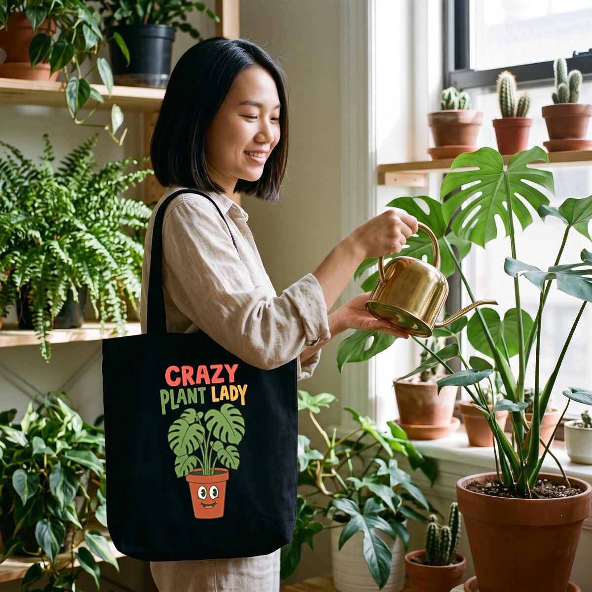Crazy Plant Lady canvas tote bag in black, carried by an approved model, wide lifestyle photograph