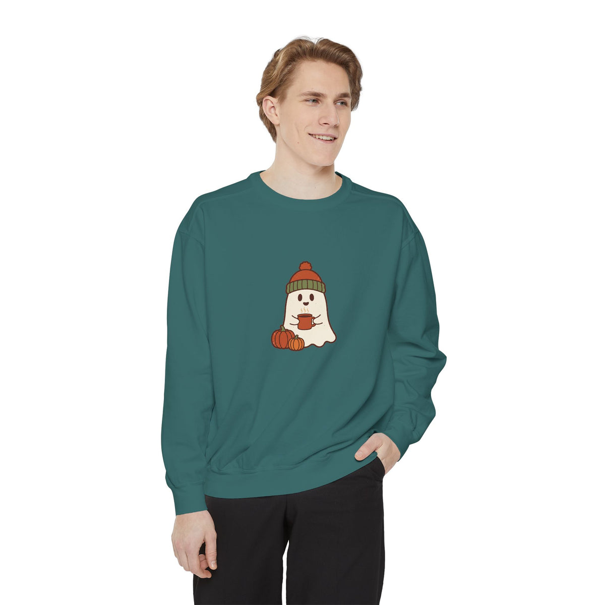 Retro Ghost Crewneck Sweatshirt | Ghost in a Knitted Beanie Cocoa Art | Comfort Colors Garment Dyed
