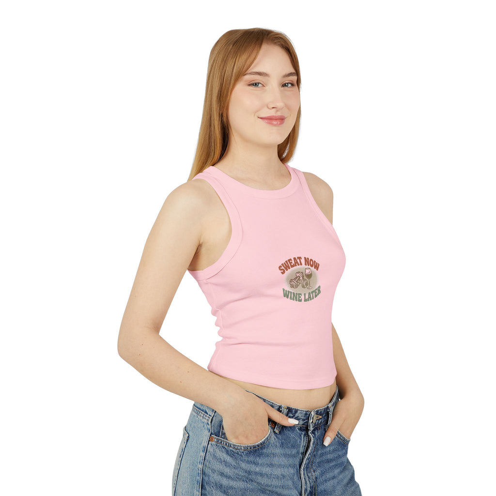 Sweat Now Wine Later Racerback Tank — Women's Micro-Rib Gym & Wine Tank