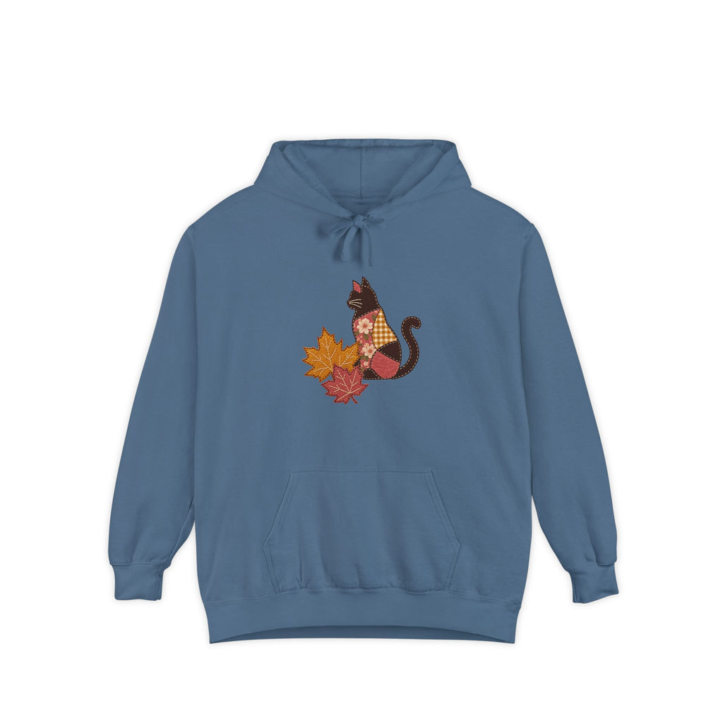 Black Cat Hoodie | Patchwork Cat and Fall Leaves | Comfort Colors Garment Dyed
