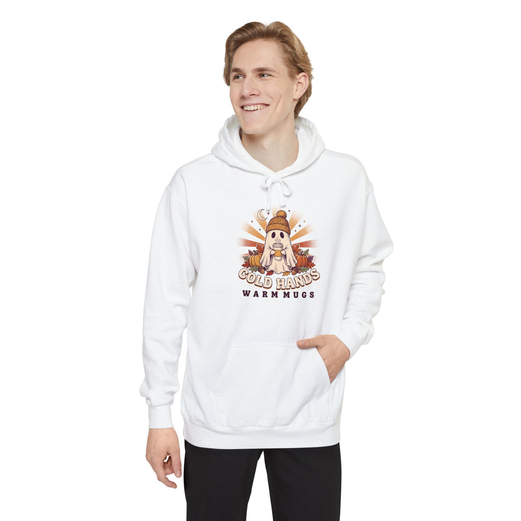 Cozy Ghost Hoodie | Cold Hands Warm Mugs Fall Coffee Art | Comfort Colors Garment Dyed