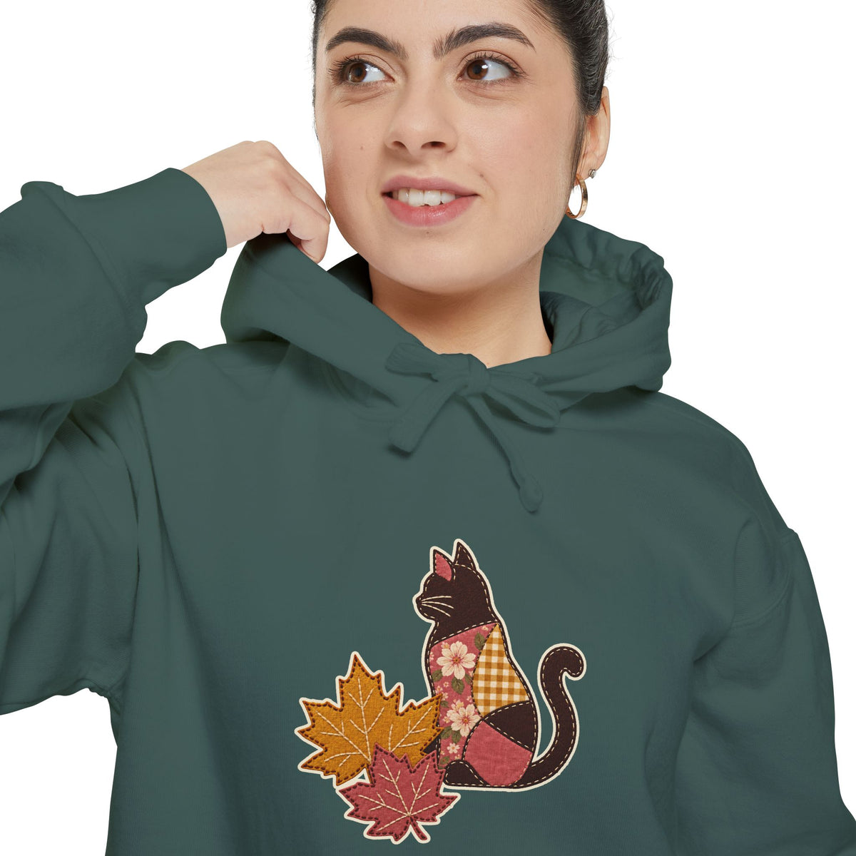 Black Cat Hoodie | Patchwork Cat and Fall Leaves | Comfort Colors Garment Dyed