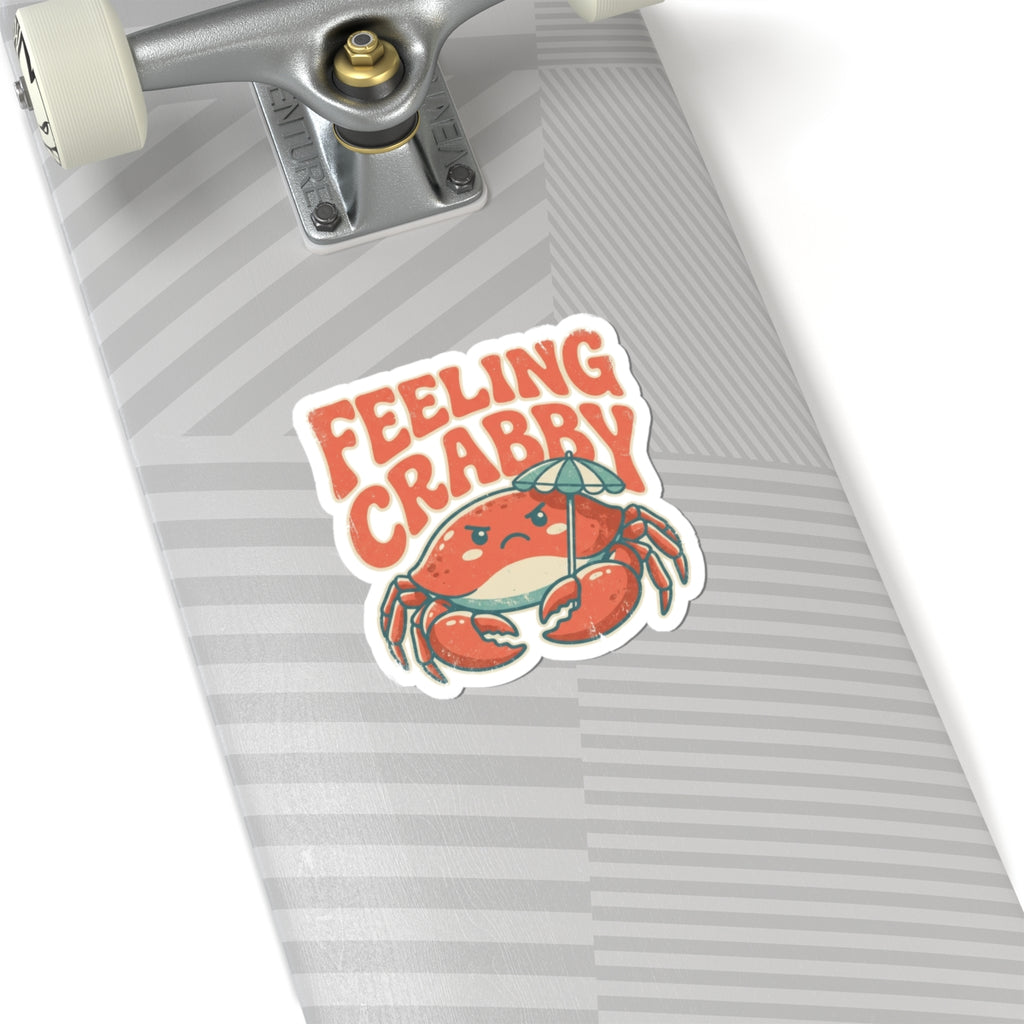 Feeling Crabby vinyl sticker with a vintage crab and beach umbrella design