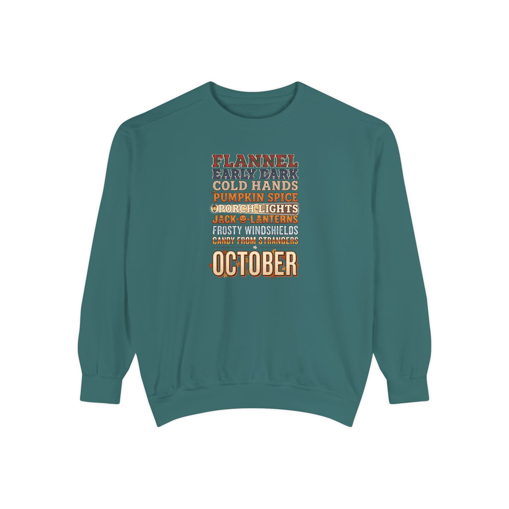 October Crewneck Sweatshirt | Flannel Early Dark Cold Hands Fall List | Comfort Colors Garment Dyed