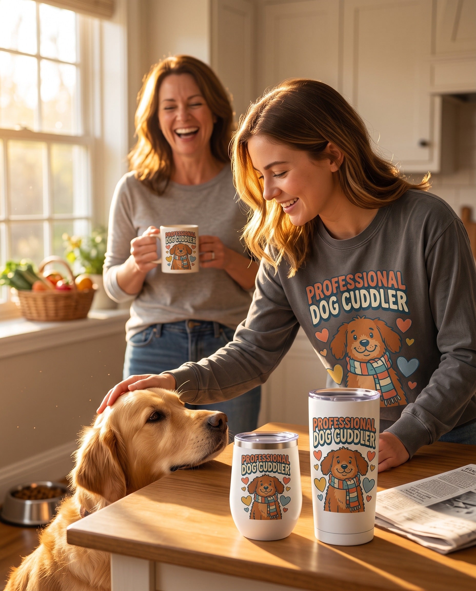 Professional Dog Cuddler tumblers on a sunlit kitchen table with a golden retriever and the crewneck
