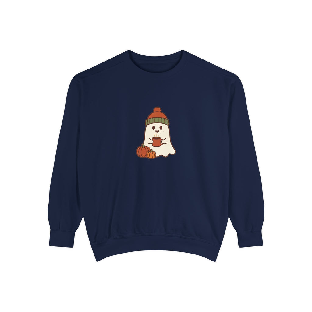 Retro Ghost Crewneck Sweatshirt | Ghost in a Knitted Beanie Cocoa Art | Comfort Colors Garment Dyed