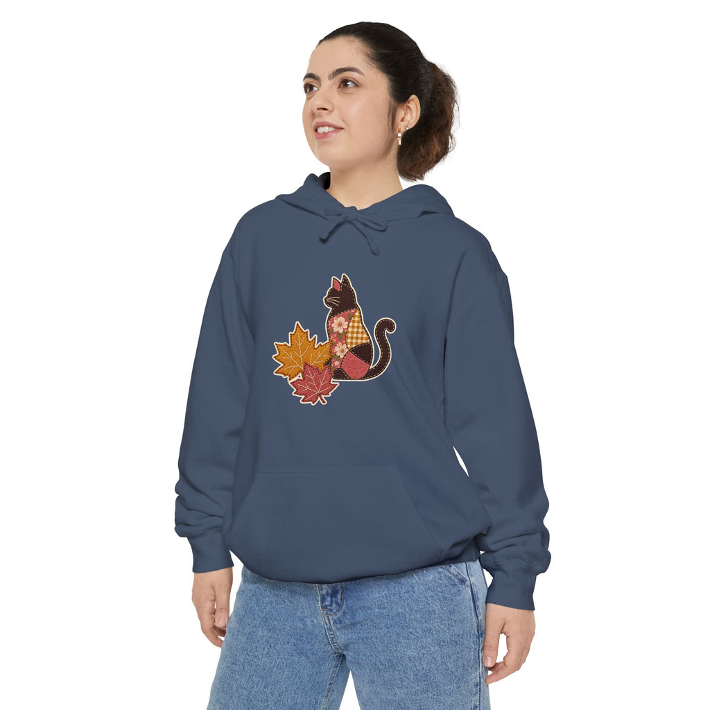 Black Cat Hoodie | Patchwork Cat and Fall Leaves | Comfort Colors Garment Dyed