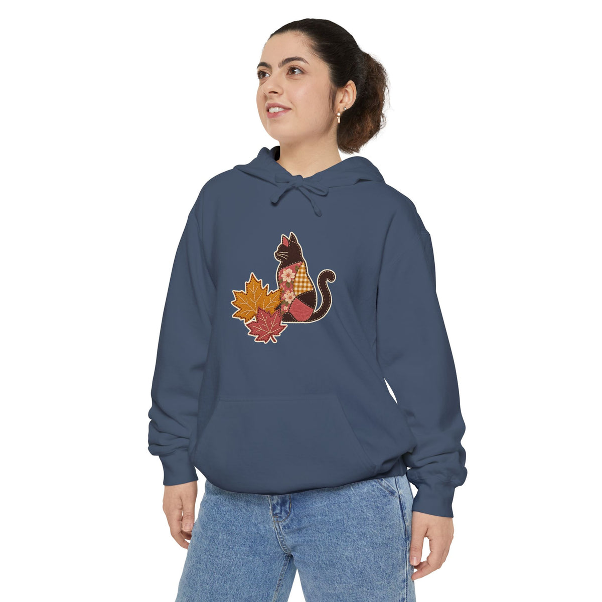 Black Cat Hoodie | Patchwork Cat and Fall Leaves | Comfort Colors Garment Dyed