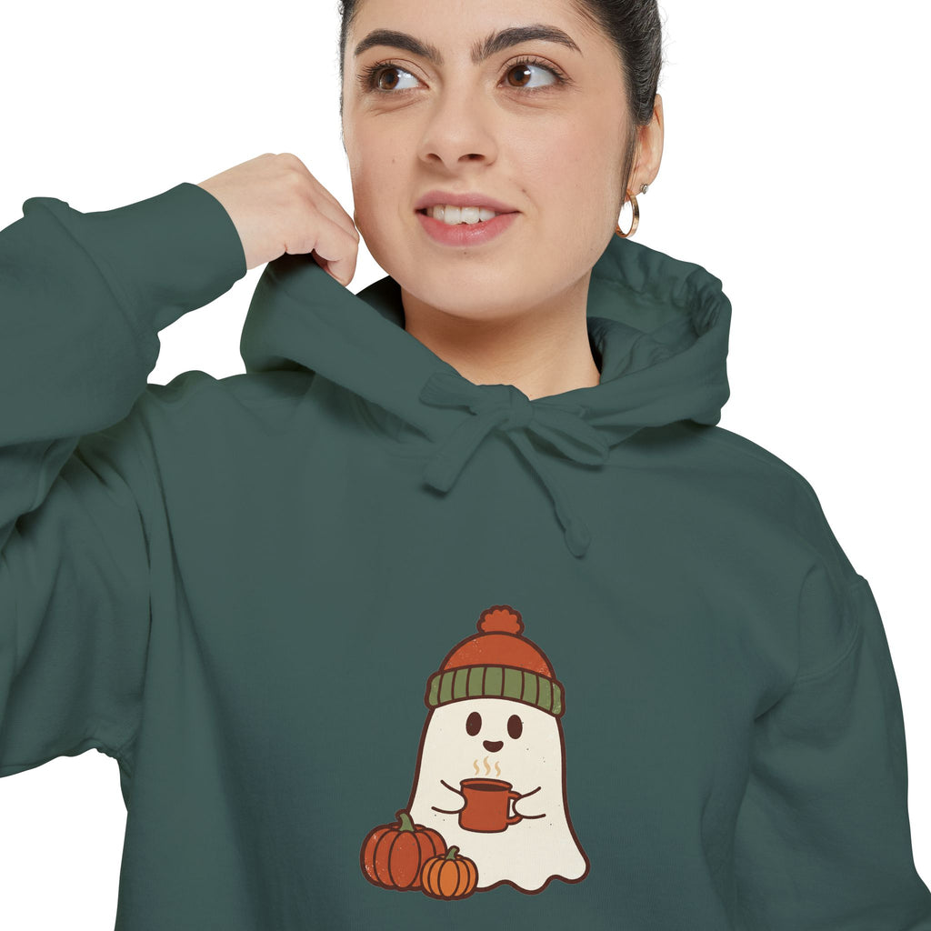 Retro Ghost Hoodie | Ghost in a Knitted Beanie Cocoa Art | Comfort Colors Garment Dyed