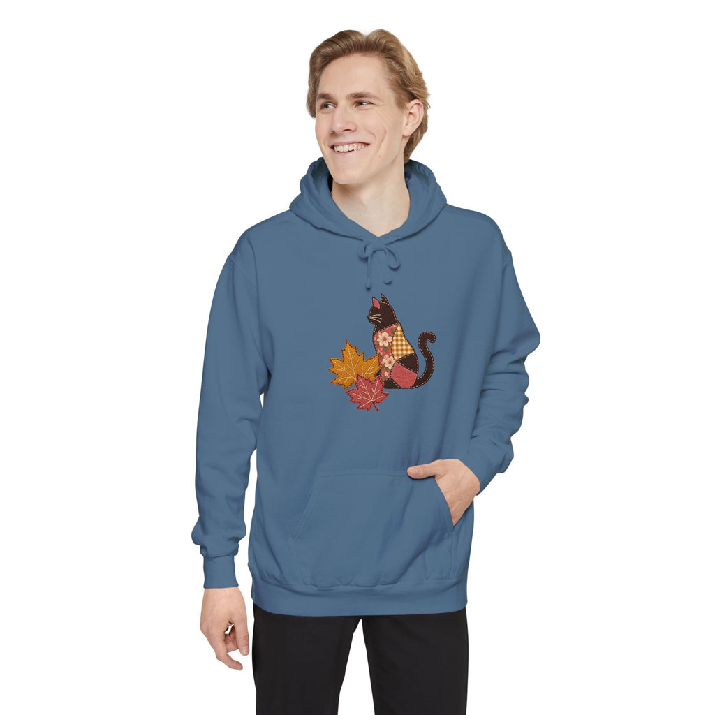 Black Cat Hoodie | Patchwork Cat and Fall Leaves | Comfort Colors Garment Dyed