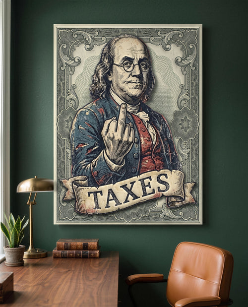 Ben Franklin Taxes canvas hanging above a walnut desk in a green home office