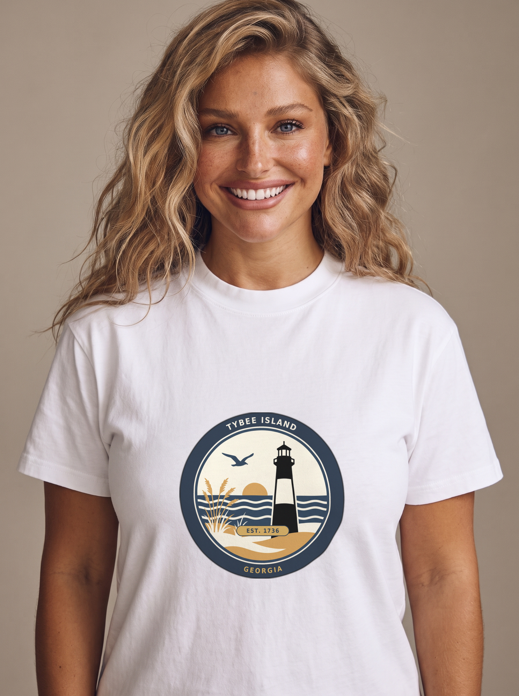 Woman wearing the Tybee Island Georgia lighthouse badge tee in White, TYBEE ISLAND GEORGIA EST 1736 vintage coastal badge centered on the chest
