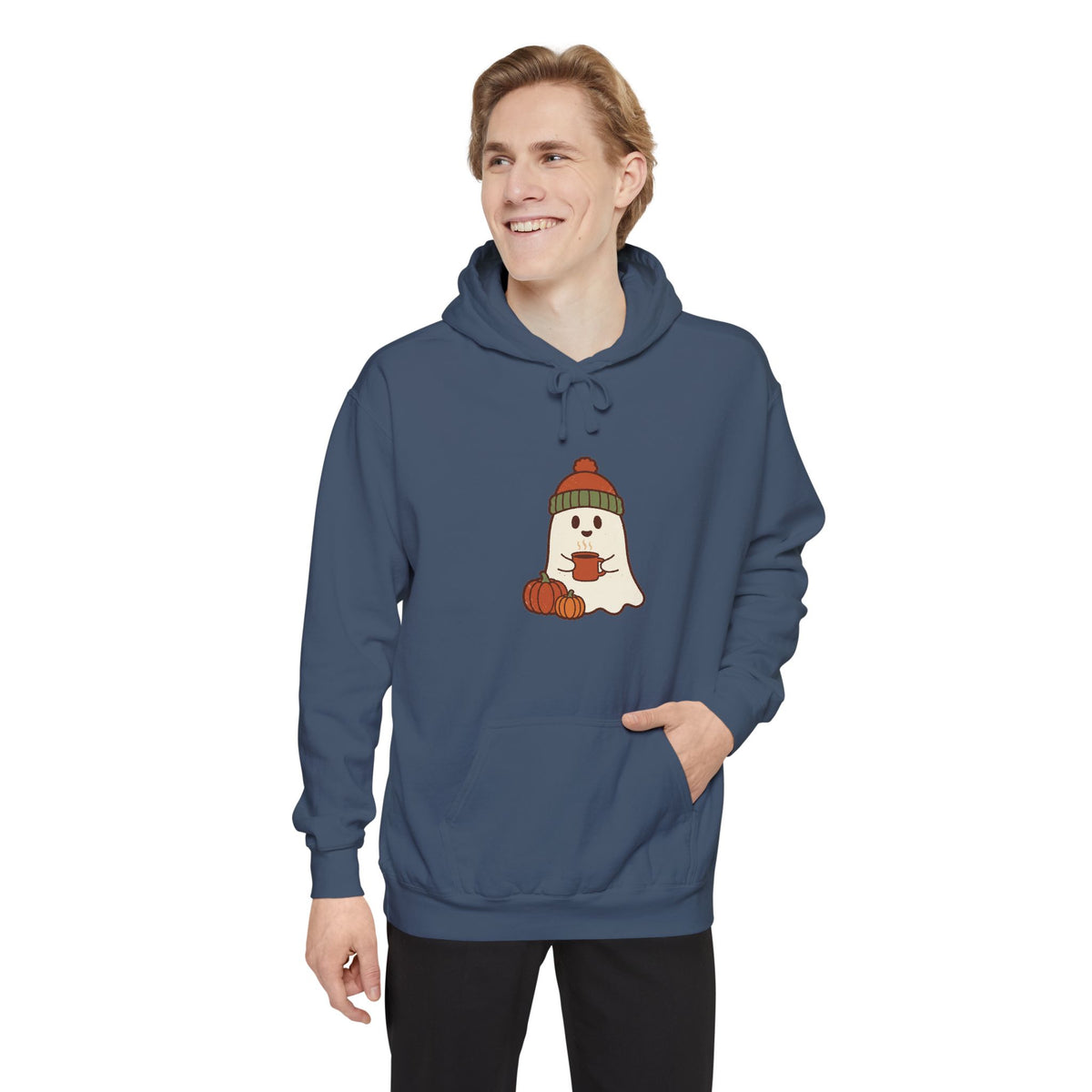 Retro Ghost Hoodie | Ghost in a Knitted Beanie Cocoa Art | Comfort Colors Garment Dyed