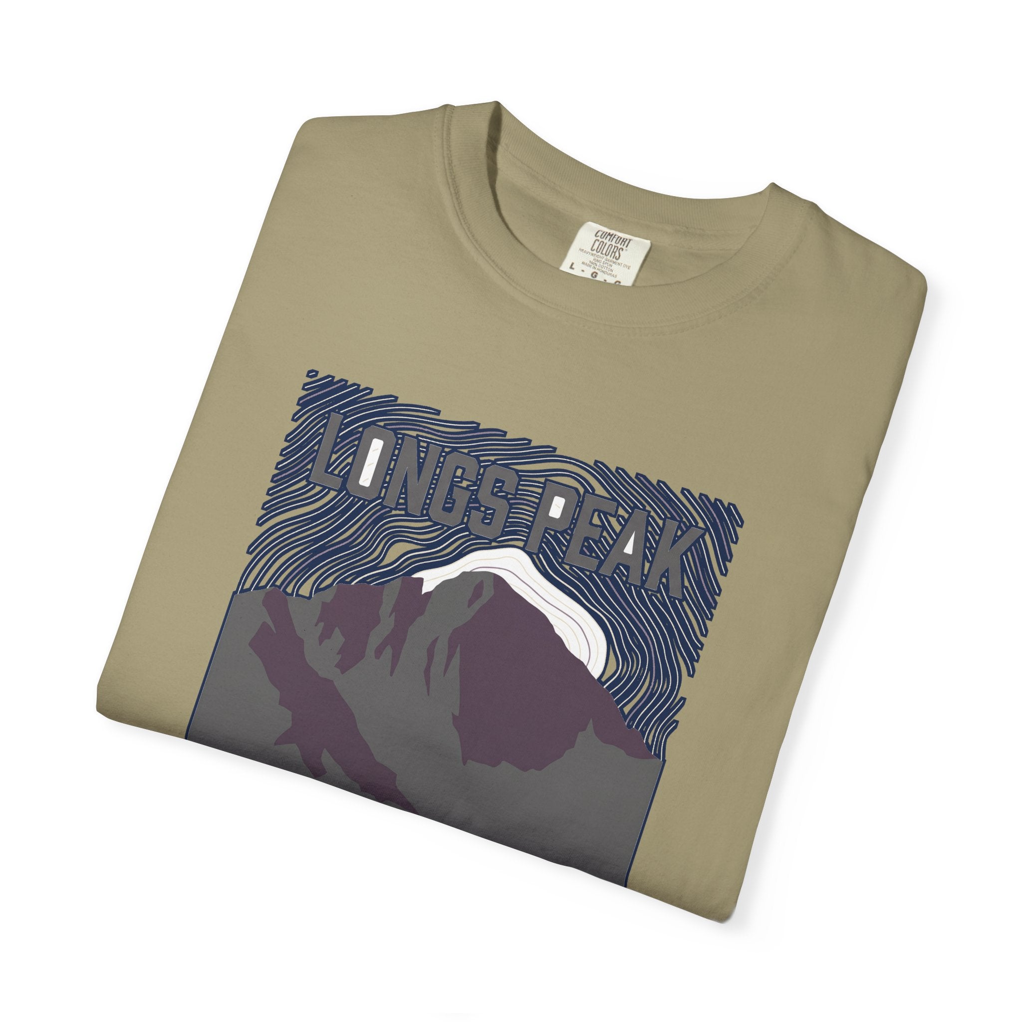 Longs Peak Colorado tee, 14,259 ft summit silhouette with Rocky Mountain National Park topographic graphic, alternate product view