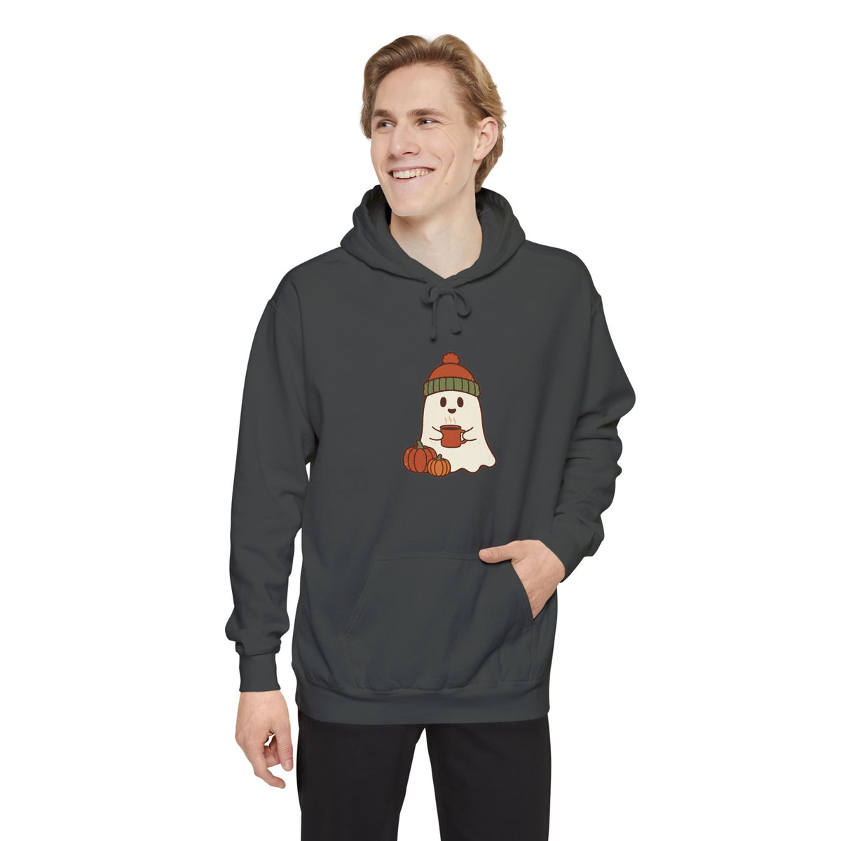 Retro Ghost Hoodie | Ghost in a Knitted Beanie Cocoa Art | Comfort Colors Garment Dyed