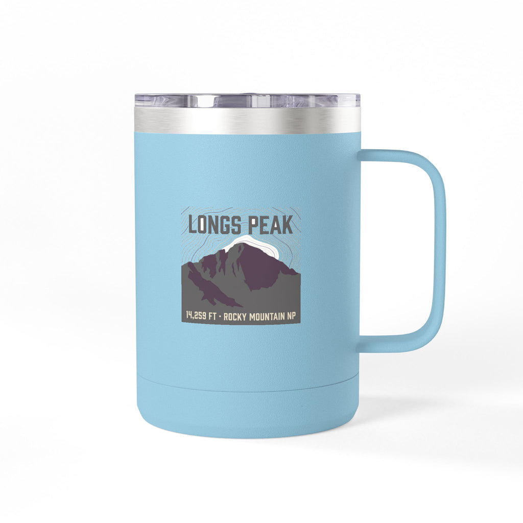 Longs Peak 15oz Coffee Tumbler — light blue, LONGS PEAK 14,259 FT Rocky Mountain NP mountain badge centered on front face, Colorado 14er insulated coffee tumbler