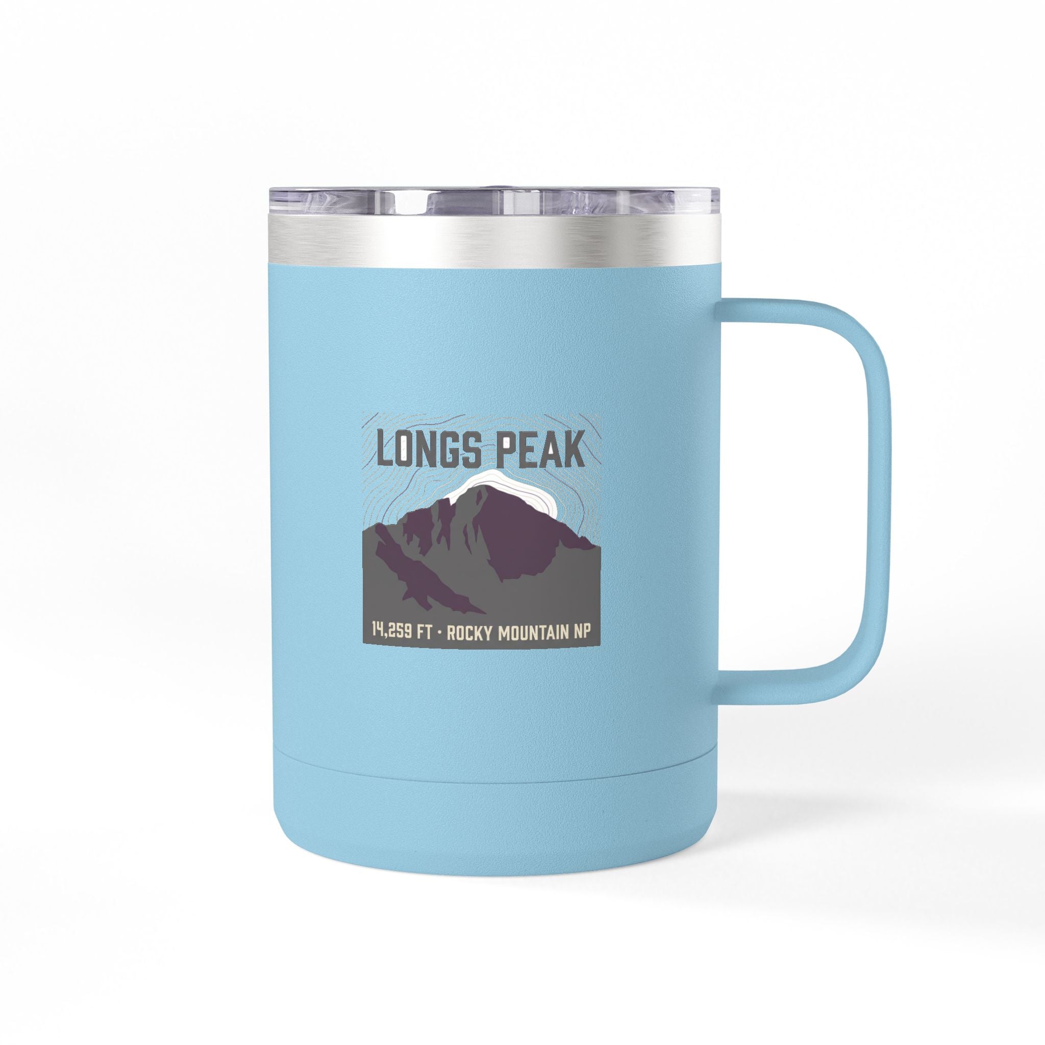 Longs Peak 15oz Coffee Tumbler — light blue, LONGS PEAK 14,259 FT Rocky Mountain NP mountain badge centered on front face, Colorado 14er insulated coffee tumbler