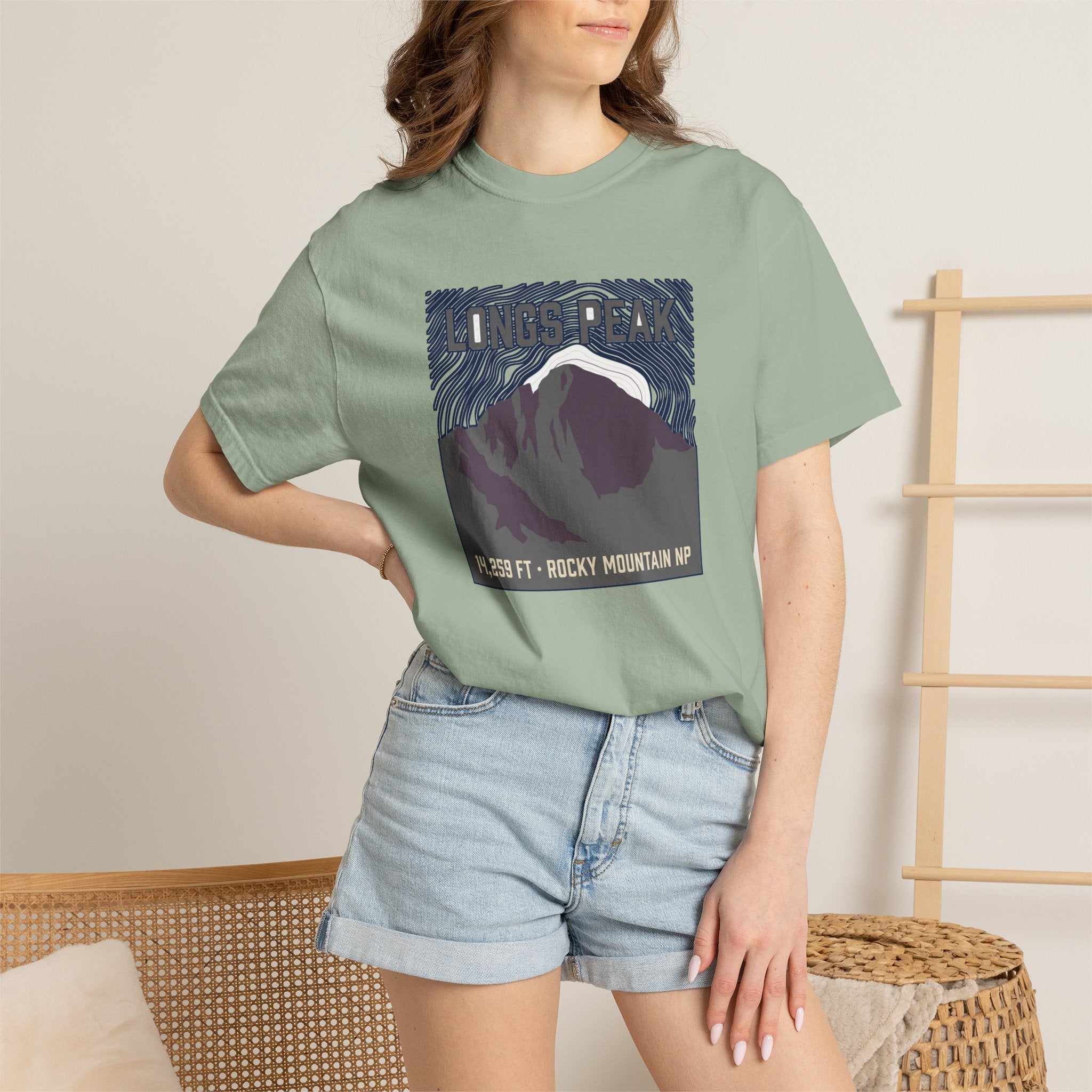 Longs Peak Colorado tee, 14,259 ft summit silhouette with Rocky Mountain National Park topographic graphic, alternate product view