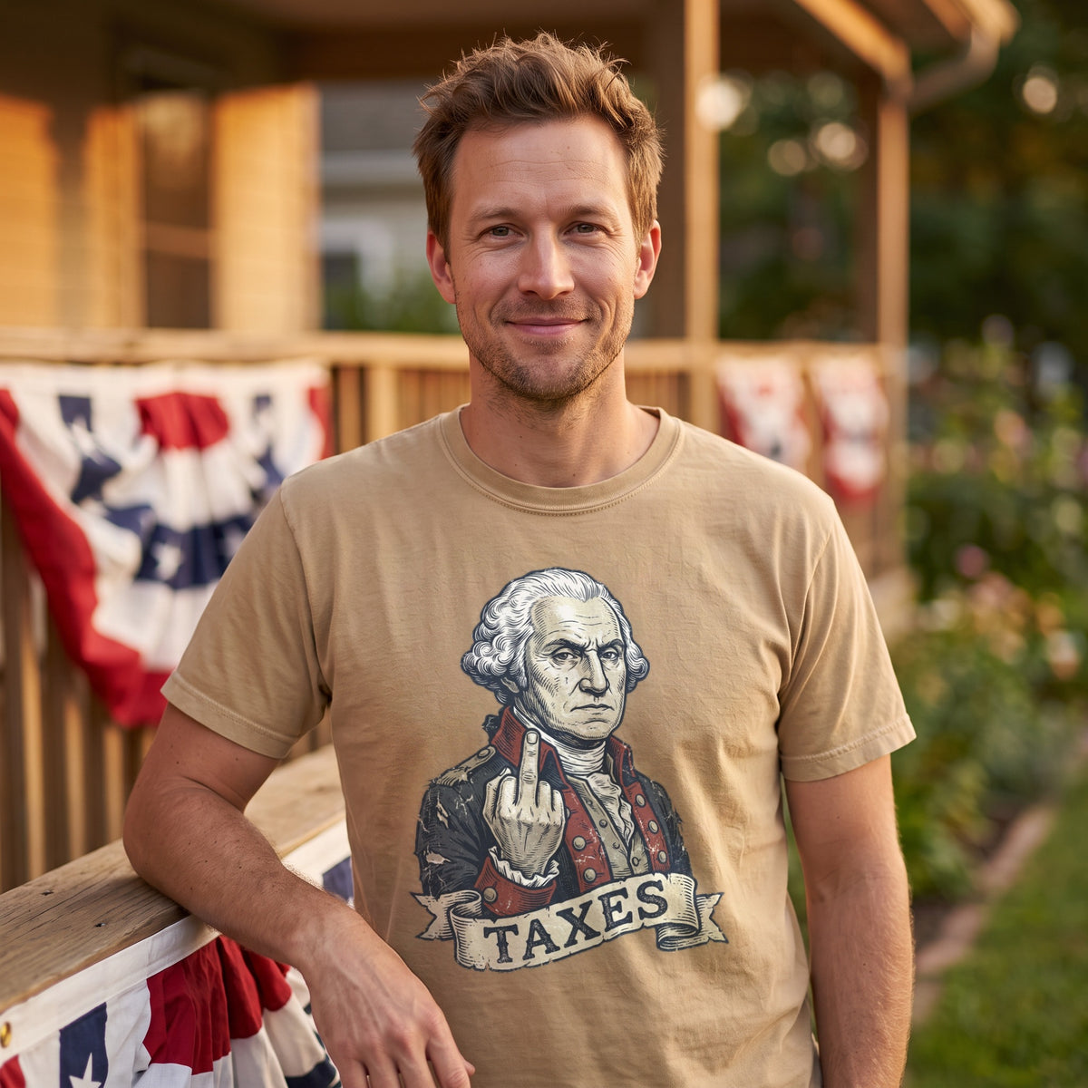 George Washington TAXES Tee in sand, worn by an approved model, close lifestyle photograph