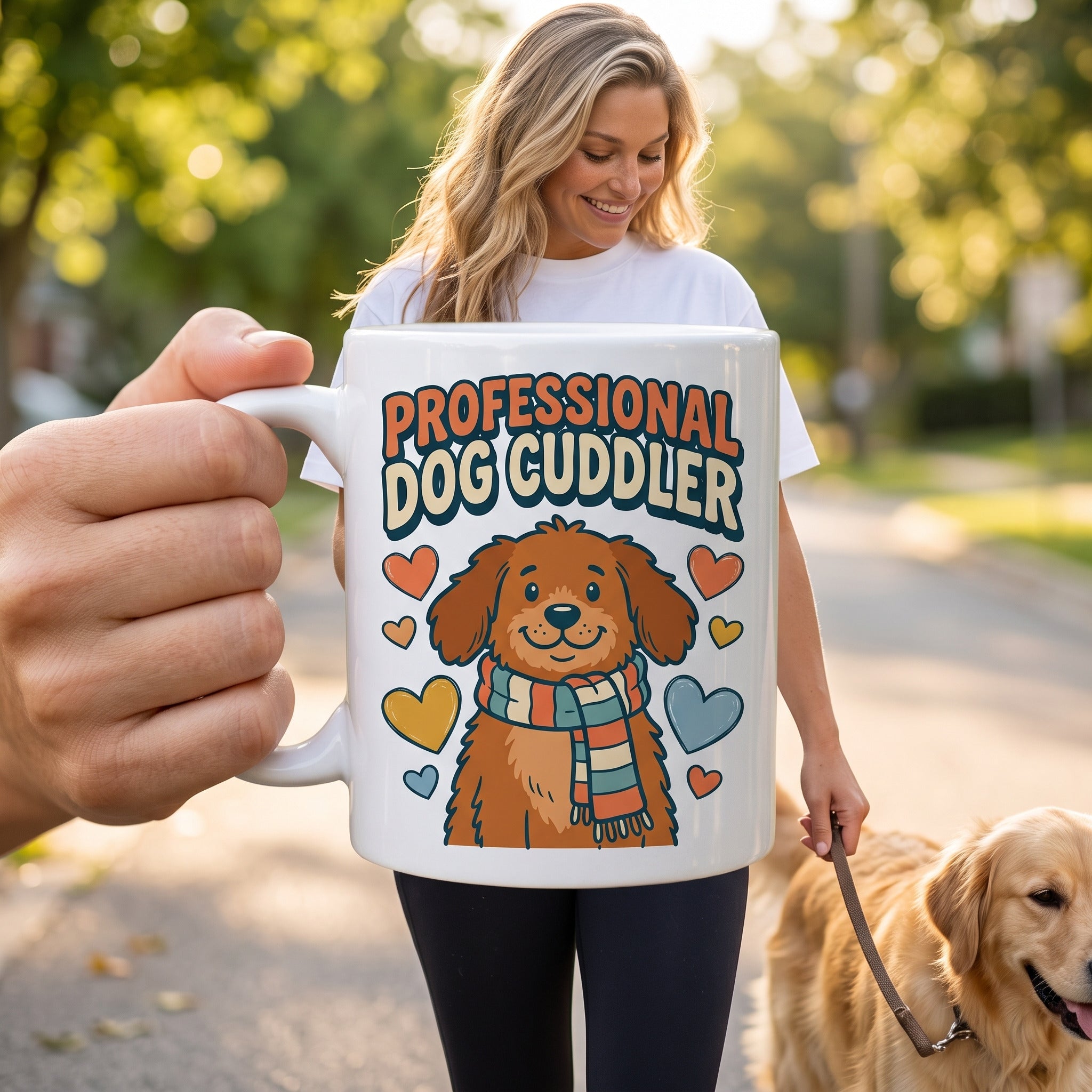 Professional Dog Cuddler 11oz ceramic mug, held by an approved model, close lifestyle photograph