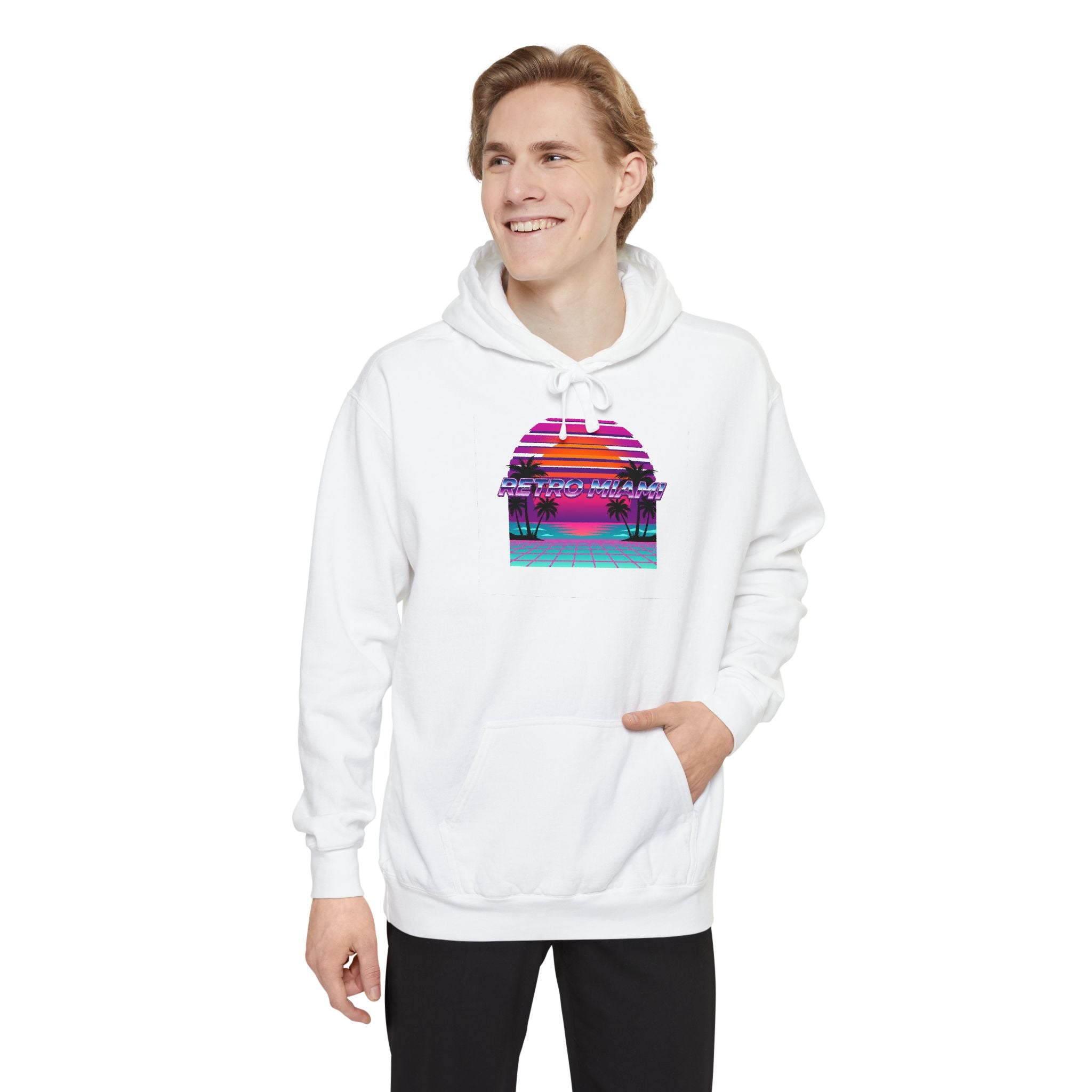 Retro Miami Sunset Hoodie — 80s Synthwave Comfort Colors Garment-Dyed