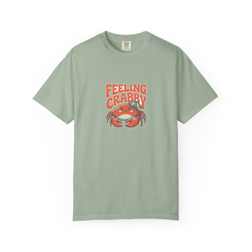 Feeling Crabby summer tee, retro grumpy crab and beach umbrella graphic on soft garment dyed cotton