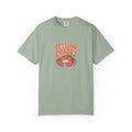 Feeling Crabby summer tee, retro grumpy crab and beach umbrella graphic on soft garment dyed cotton