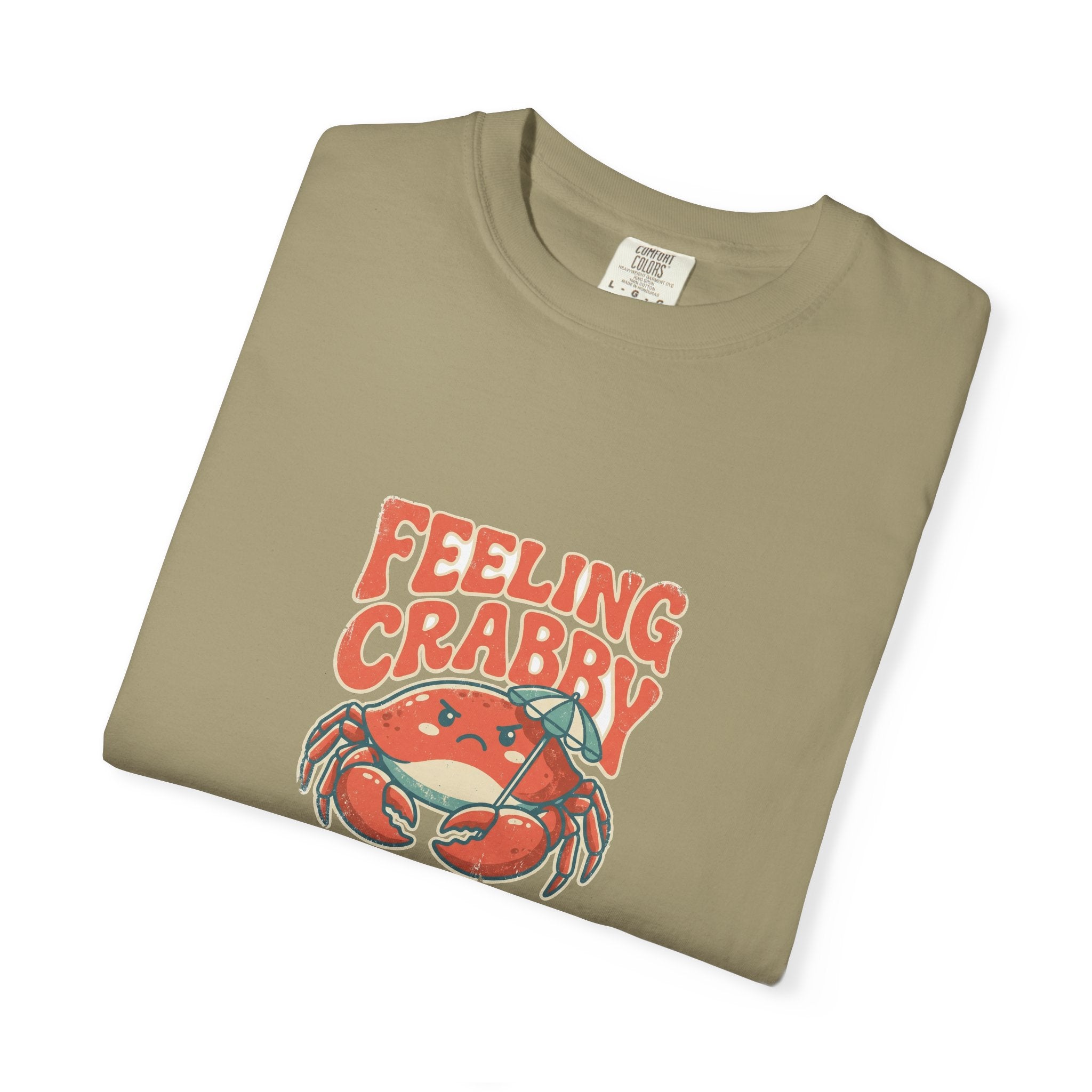 Feeling Crabby funny crab beach tee on Comfort Colors garment dyed cotton, grumpy retro crab under a beach umbrella