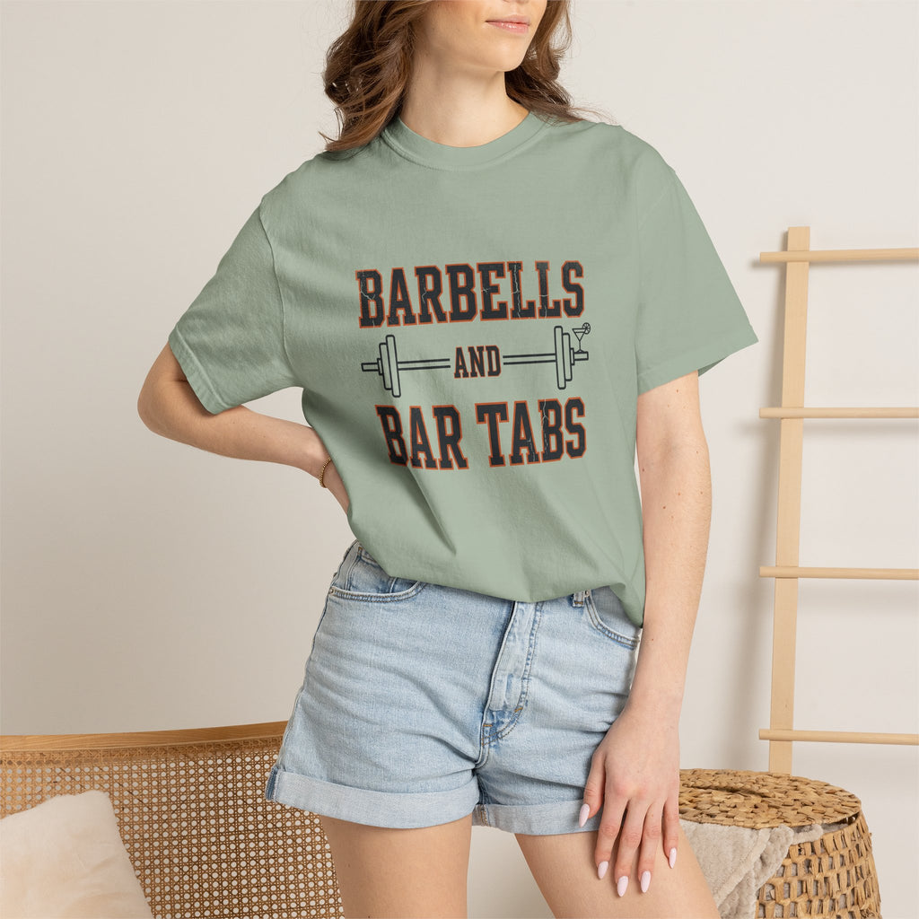 Barbells And Bar Tabs distressed collegiate design with a barbell and a cocktail glass on a garment dyed Comfort Colors tee