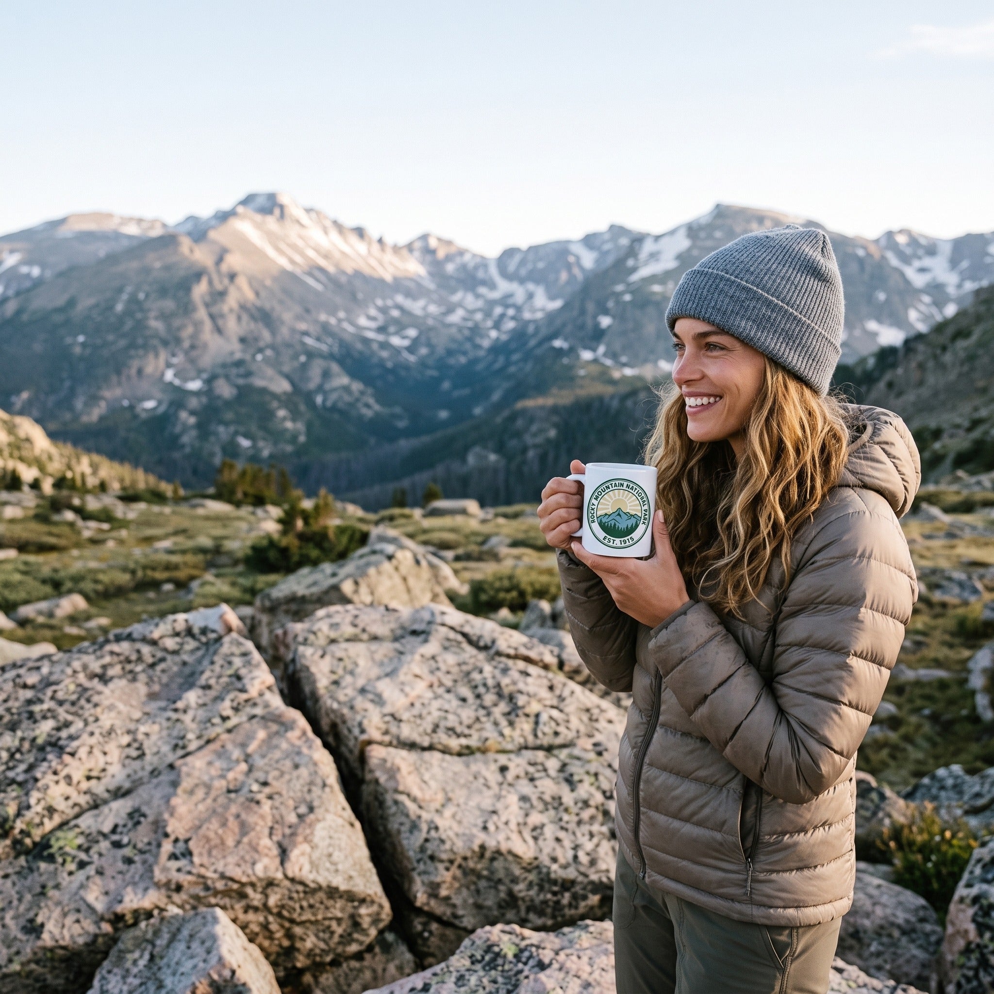 Rocky Mountain National Park 11oz ceramic mug, held by an approved model, wide lifestyle photograph