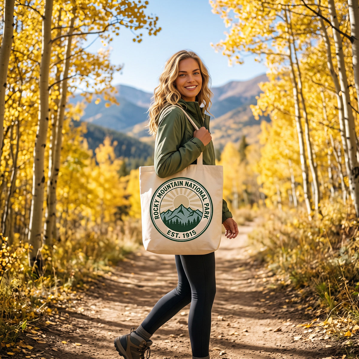 Rocky Mountain National Park canvas tote bag in natural, carried by an approved model, mid lifestyle photograph