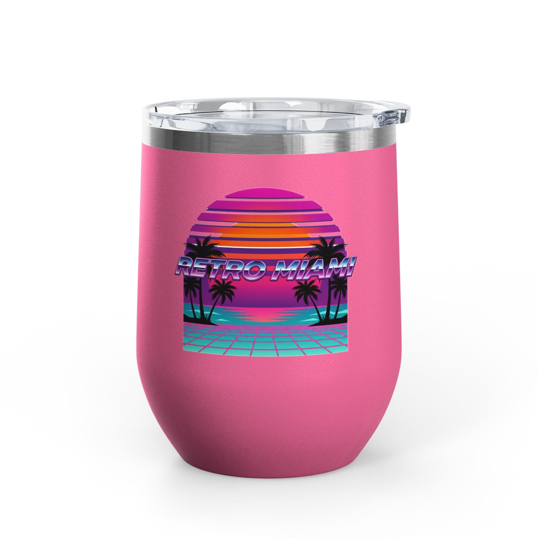 Retro Miami Sunset 12oz Tumbler — 80s Synthwave Insulated Travel Mug