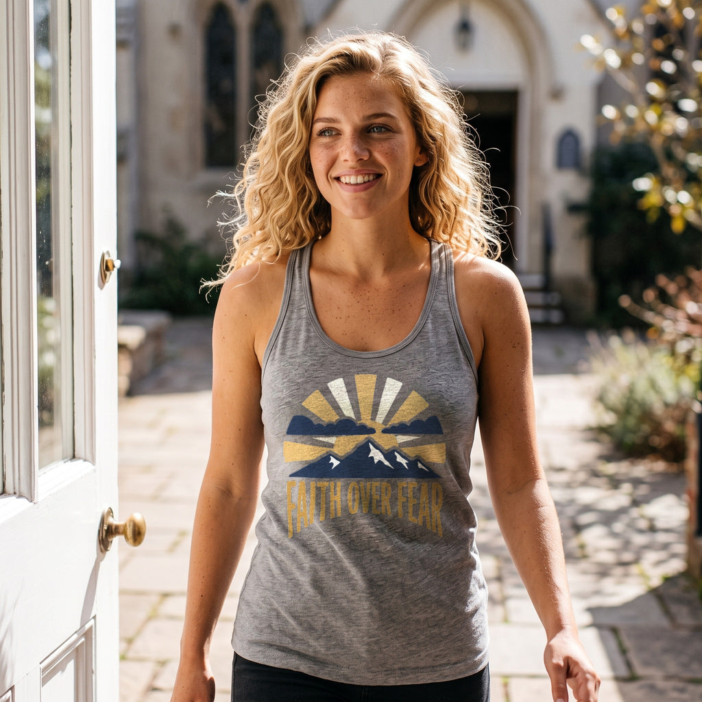 Faith Over Fear Tank Top in heather grey, worn by an approved model, mid lifestyle photograph