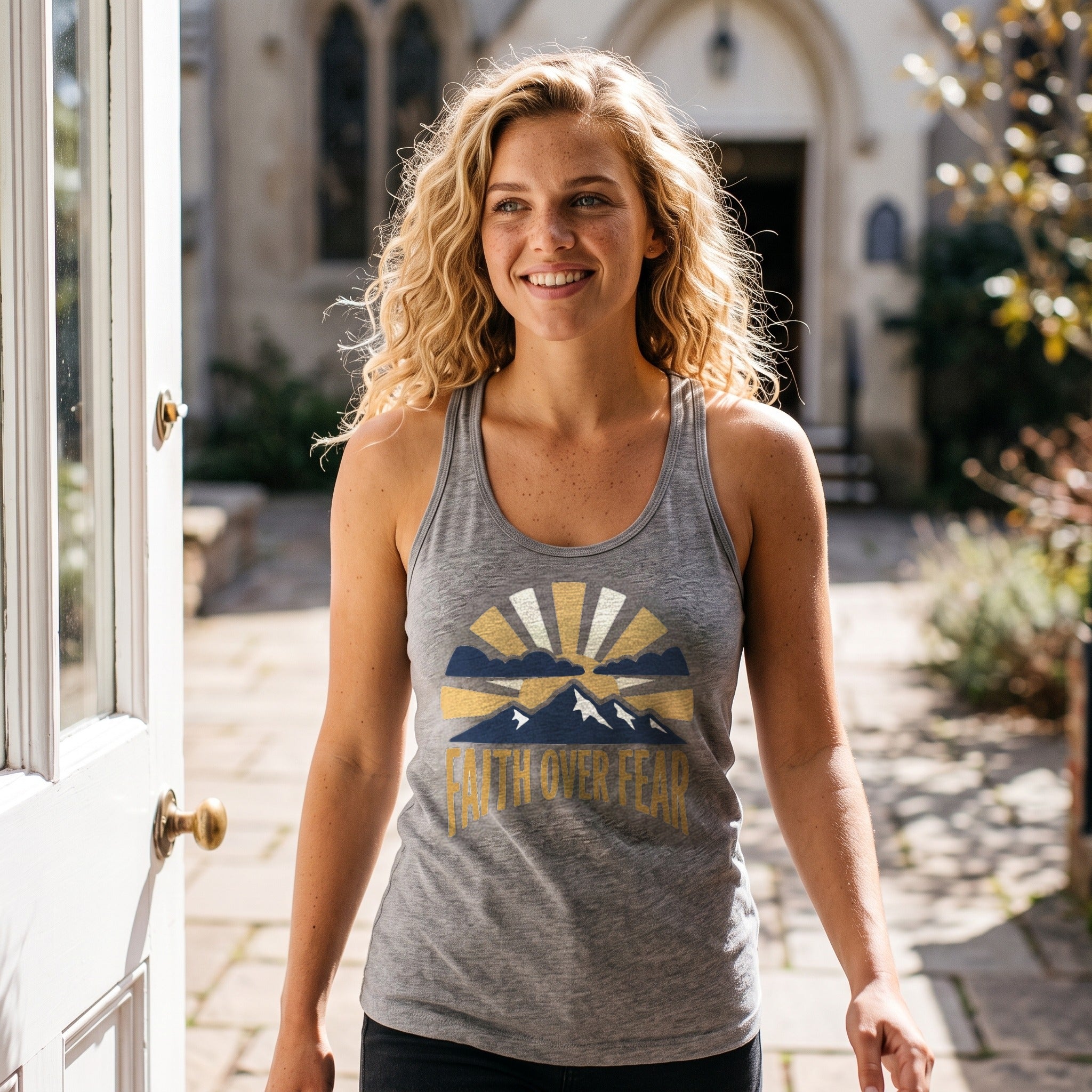 Faith Over Fear Tank Top in heather grey, worn by an approved model, mid lifestyle photograph