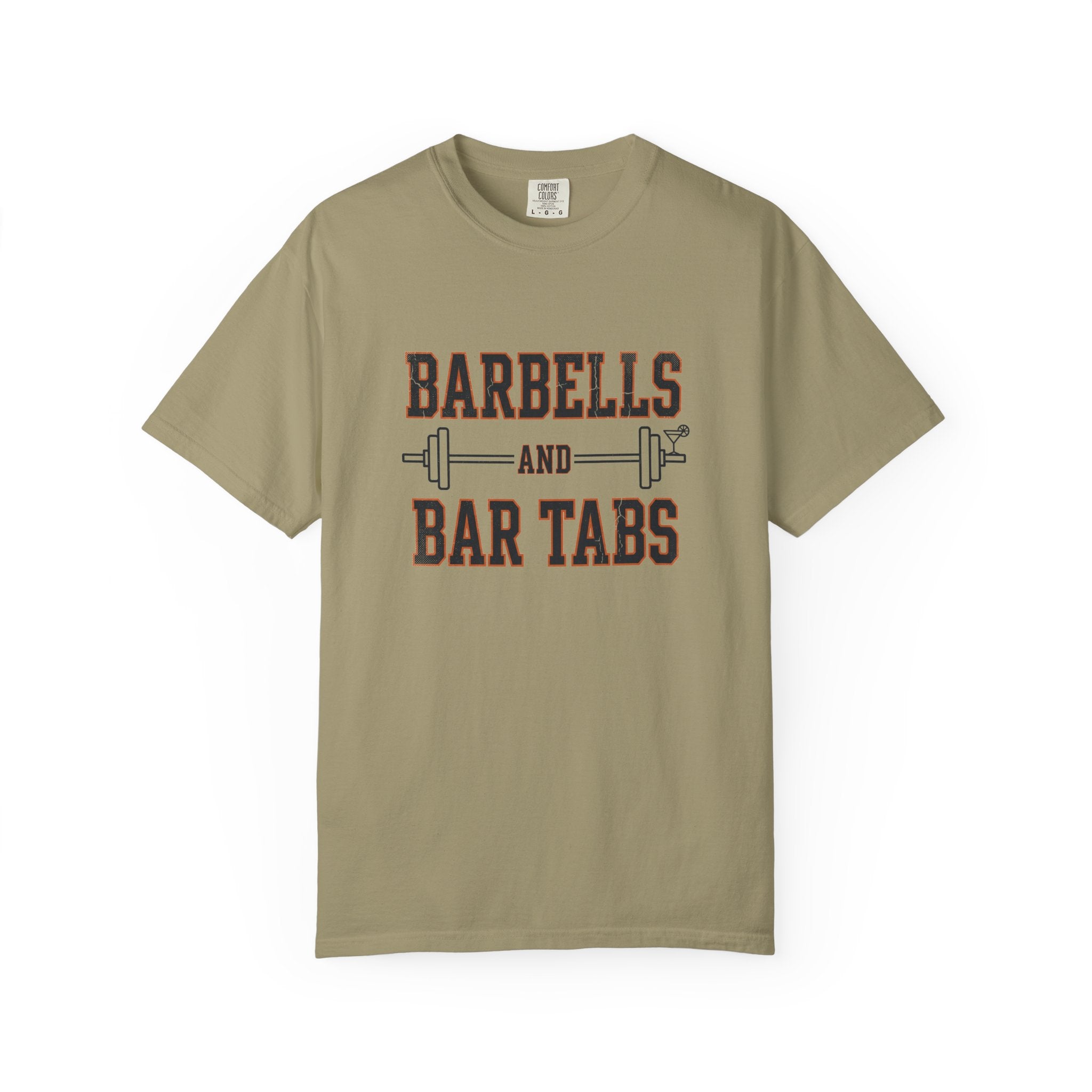 Khaki garment dyed Comfort Colors tee with the Barbells And Bar Tabs barbell and cocktail glass design
