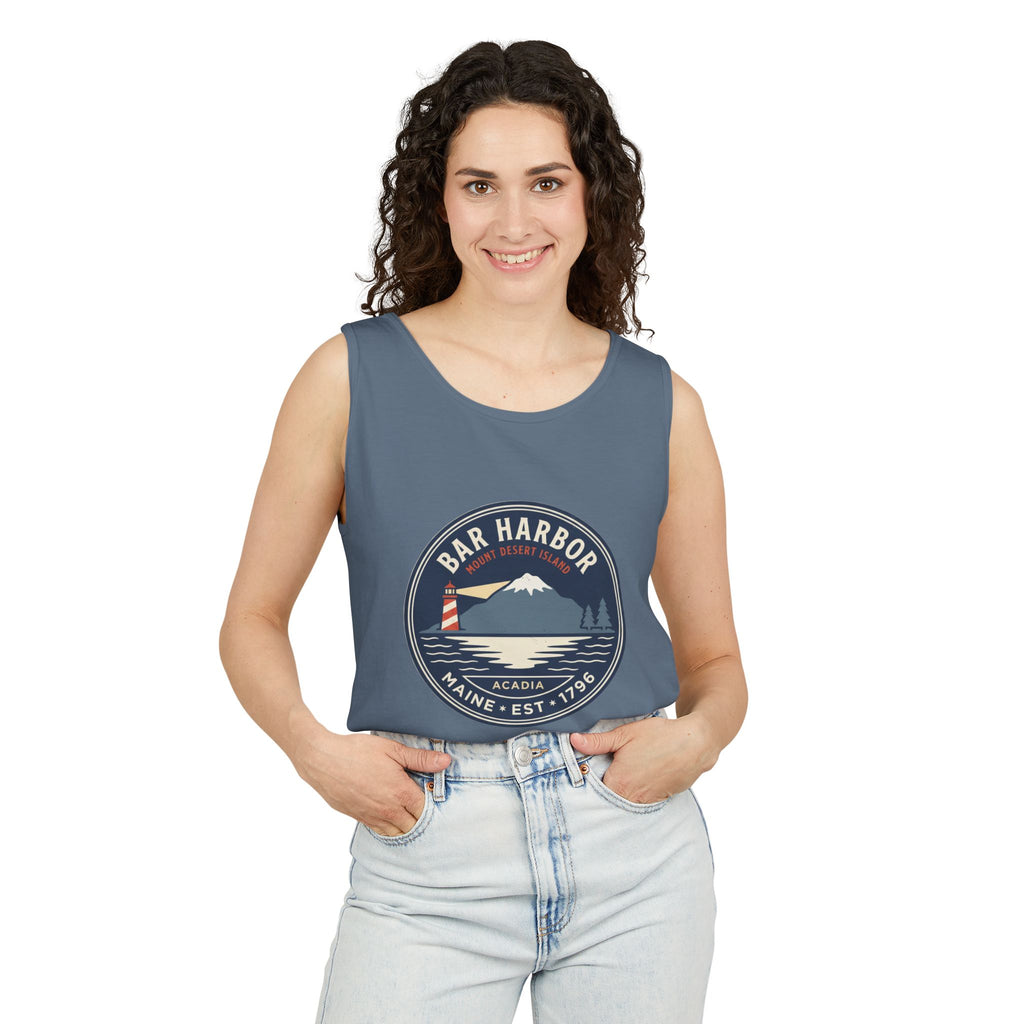 Bar Harbor Maine tank top, Acadia vintage badge with lighthouse, Cadillac Mountain and evergreens in a navy roundel, EST. 1796