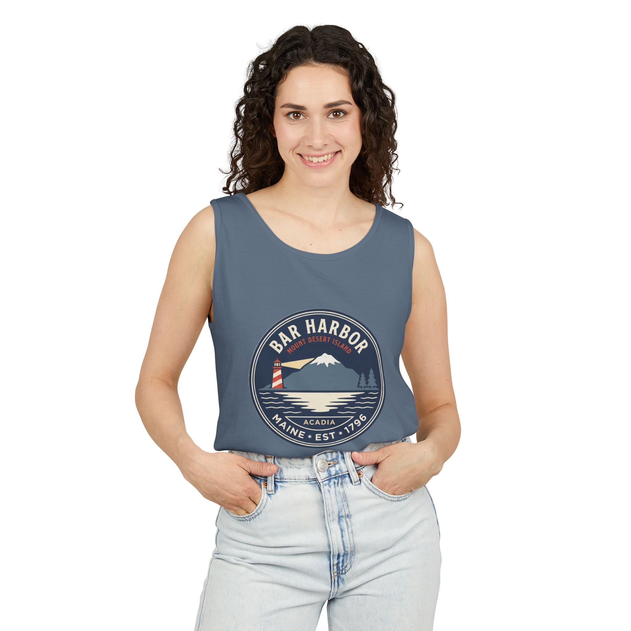 Bar Harbor Maine tank top, Acadia vintage badge with lighthouse, Cadillac Mountain and evergreens in a navy roundel, EST. 1796