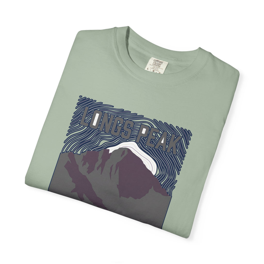 Longs Peak Colorado tee, 14,259 ft summit silhouette with Rocky Mountain National Park topographic graphic, alternate product view