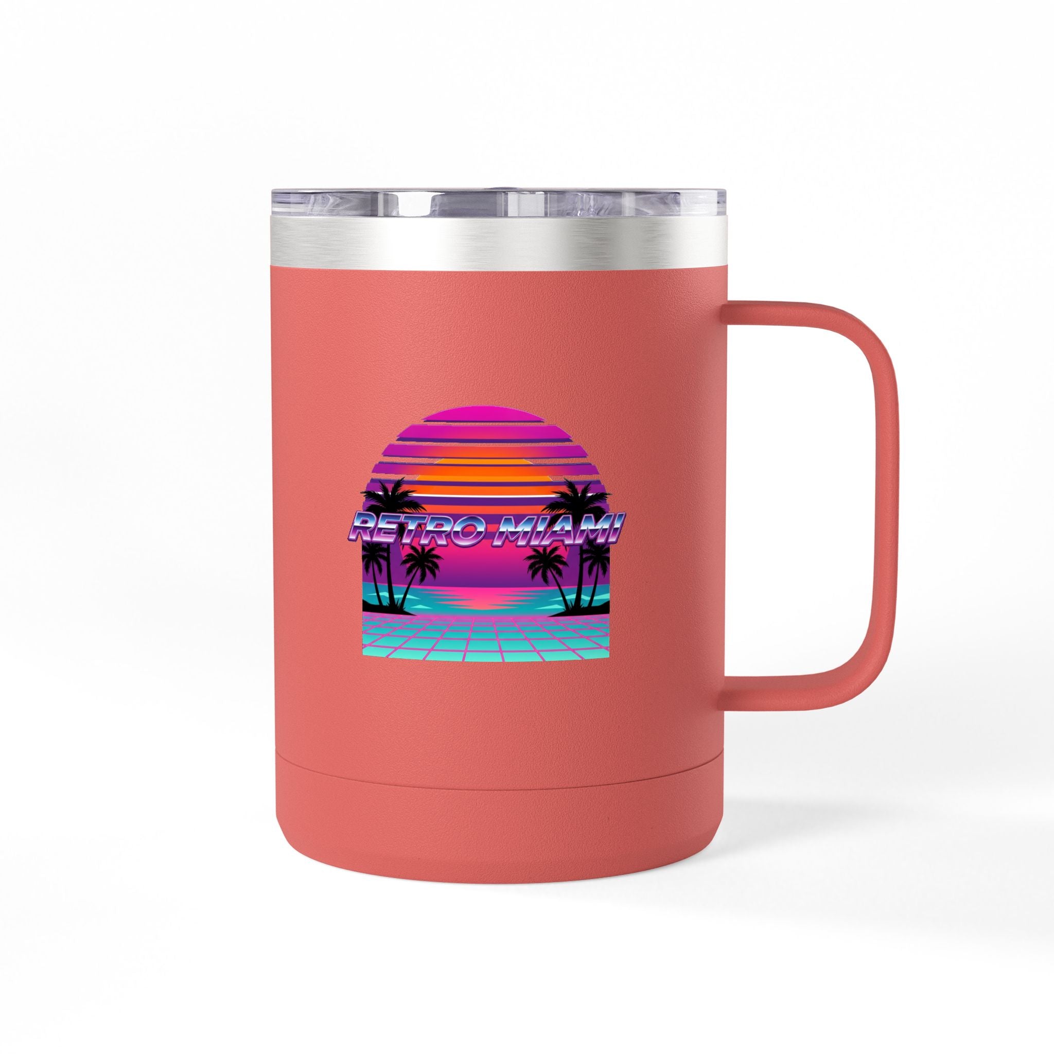 Retro Miami Sunset 15oz Coffee Tumbler — 80s Synthwave Insulated Mug