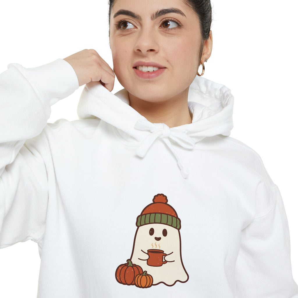 Retro Ghost Hoodie | Ghost in a Knitted Beanie Cocoa Art | Comfort Colors Garment Dyed