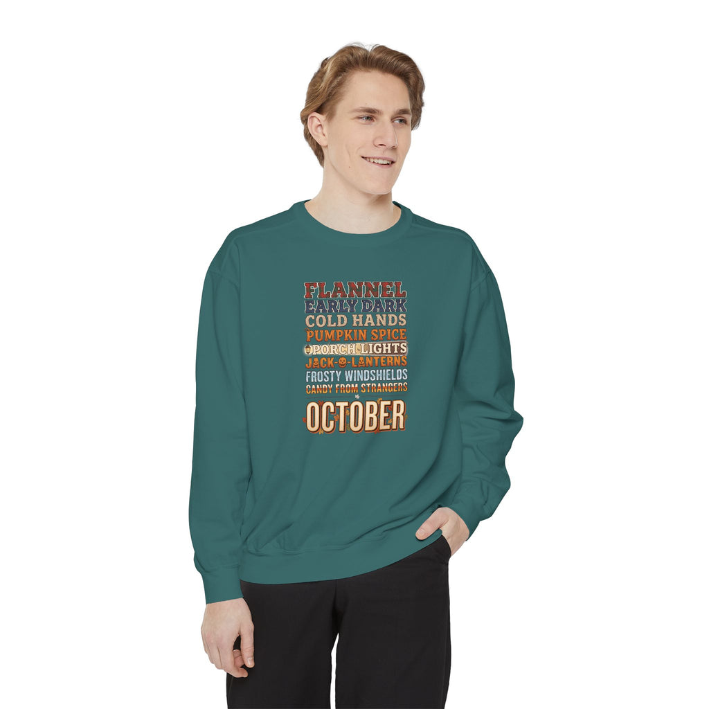 October Crewneck Sweatshirt | Flannel Early Dark Cold Hands Fall List | Comfort Colors Garment Dyed