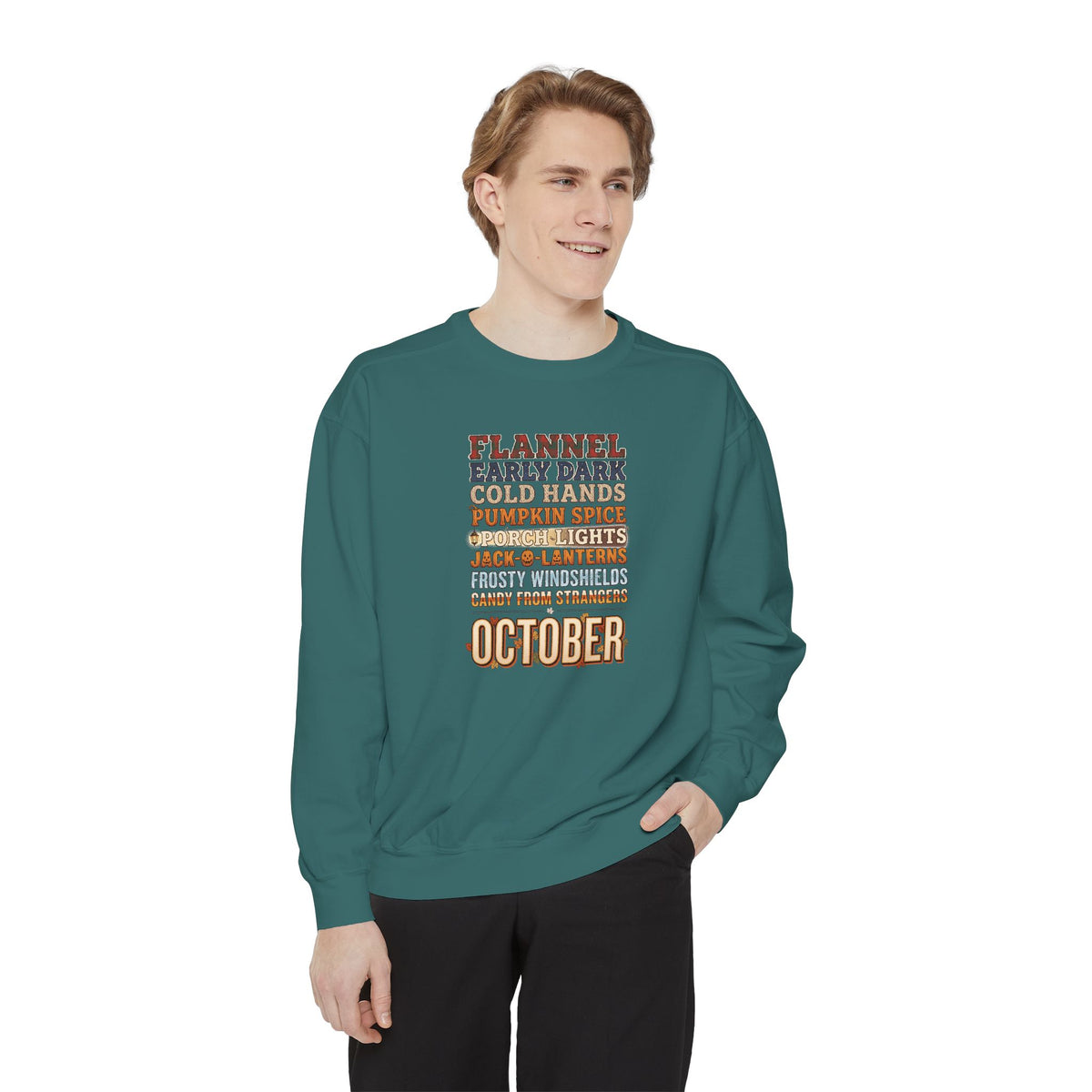 October Crewneck Sweatshirt | Flannel Early Dark Cold Hands Fall List | Comfort Colors Garment Dyed