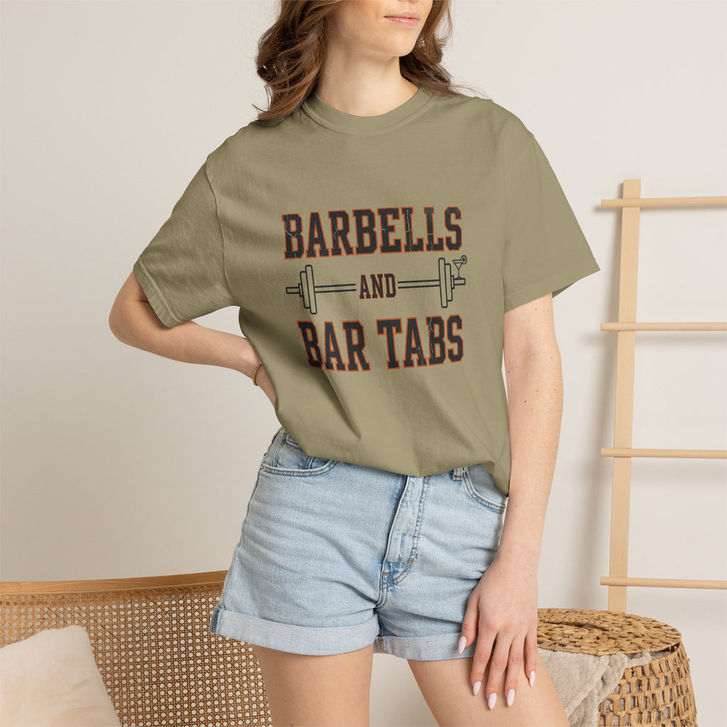 Barbells And Bar Tabs distressed collegiate design with a barbell and a cocktail glass on a garment dyed Comfort Colors tee